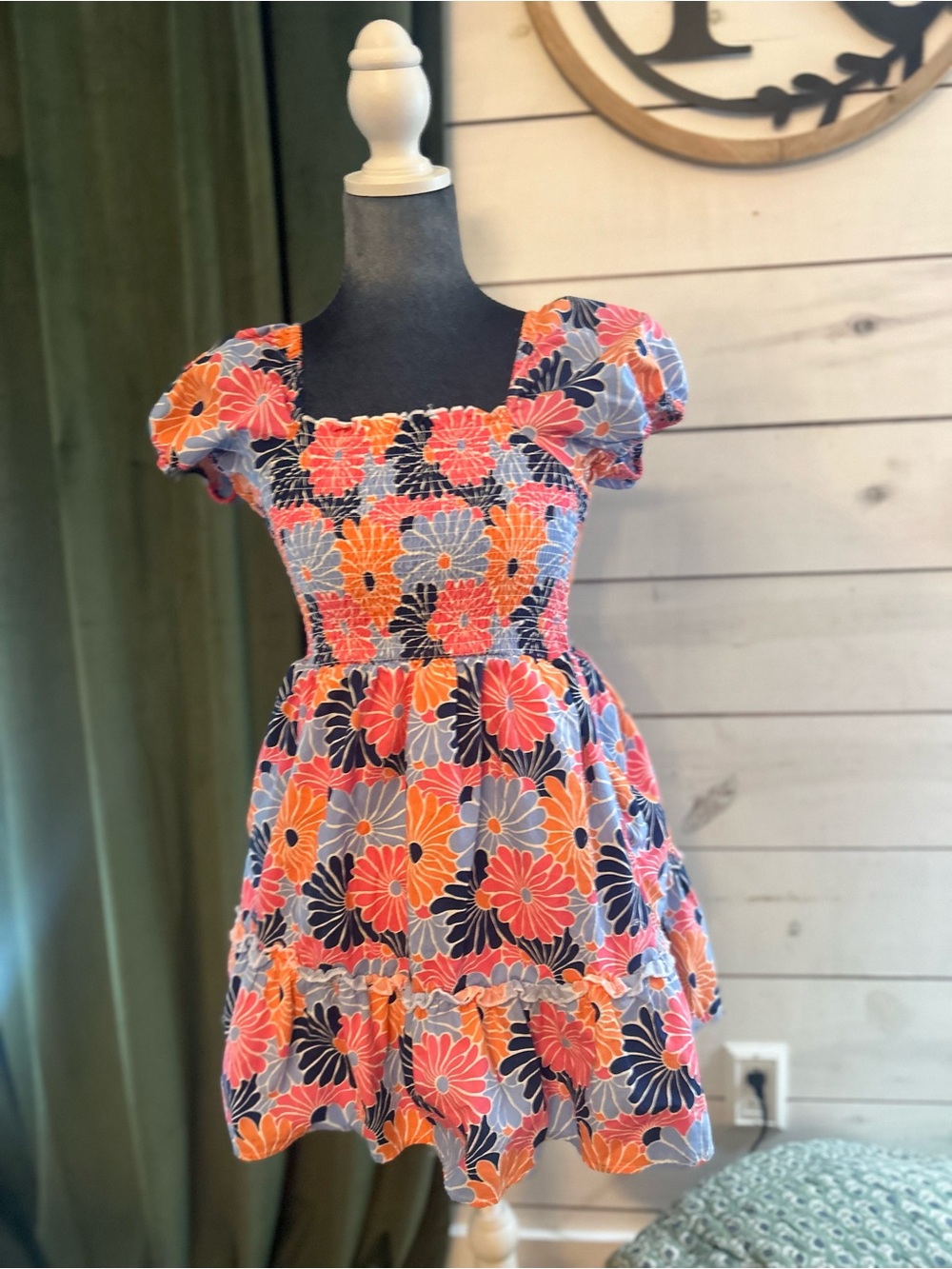 Floral Smocked Puff-Sleeve Kids Dress in Coral, Navy & Gray